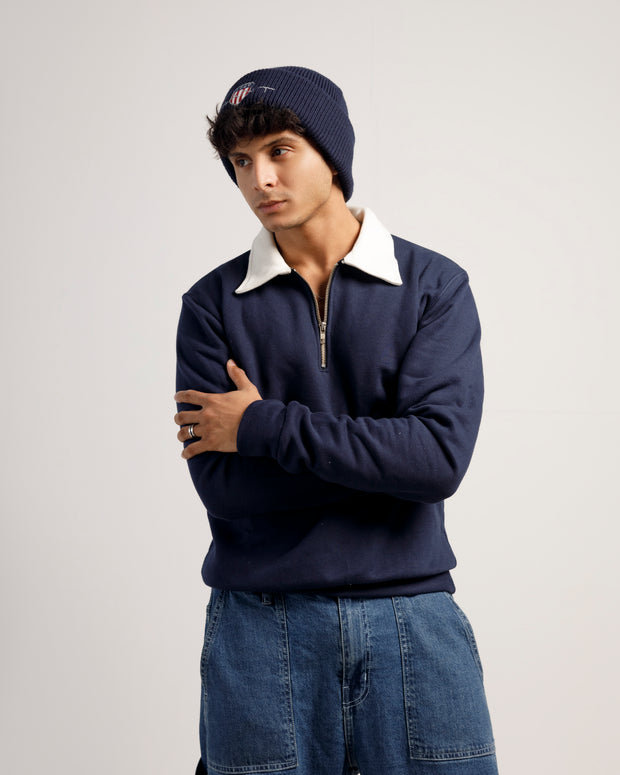 Sweatshirt in Navy Blue with White Collar